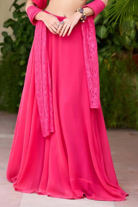 Baaro Masi_Pink Georgette, Bandeau Neck Karishma Lehenga And Balconette Blouse Set _Online_at_Aza_Fashions