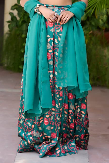 Baaro Masi_Green Modal, Satin, Organza Beads V-neck Rasika Floral Garden Print Lehenga Set _Online_at_Aza_Fashions