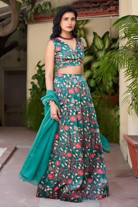 Buy_Baaro Masi_Green Modal, Satin, Organza Beads V-neck Rasika Floral Garden Print Lehenga Set _Online_at_Aza_Fashions