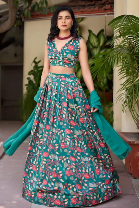 Shop_Baaro Masi_Green Modal, Satin, Organza Beads V-neck Rasika Floral Garden Print Lehenga Set _Online_at_Aza_Fashions