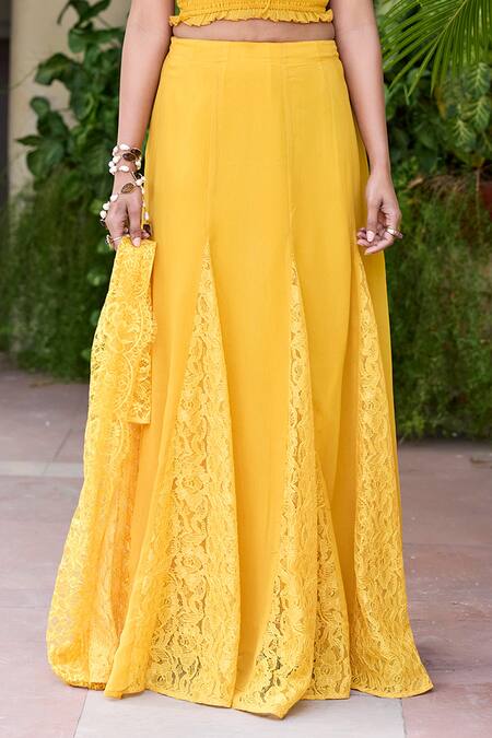 Baaro Masi_Yellow Georgette, Square Neck Sushmita Panelled Lehenga And Blouse Set _Online_at_Aza_Fashions