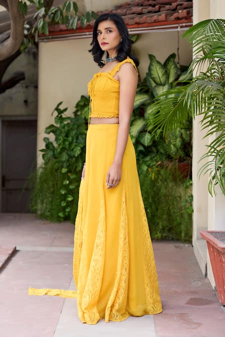 Shop_Baaro Masi_Yellow Georgette, Square Neck Sushmita Panelled Lehenga And Blouse Set _Online_at_Aza_Fashions