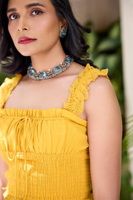 Baaro Masi_Yellow Georgette, Square Neck Sushmita Panelled Lehenga And Blouse Set _at_Aza_Fashions