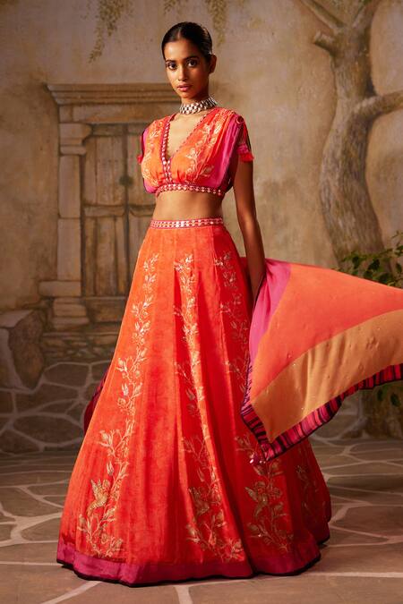 Buy Basil Leaf Peach Crepe Mirrors, Embroidery, Tassels V-neck Floral Kalidar Set Online at Aza Fashions Buy_Basil Leaf_Peach Crepe Mirrors, Embroidery, Tassels V-neck Floral Kalidar Set_Online_at_Aza_Fashions