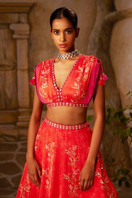 Shop Basil Leaf Peach Crepe Mirrors, Embroidery, Tassels V-neck Floral Kalidar Set Online at Aza Fashions Shop_Basil Leaf_Peach Crepe Mirrors, Embroidery, Tassels V-neck Floral Kalidar Set_Online_at_Aza_Fashions