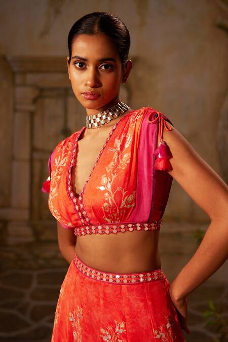 Buy Basil Leaf Peach Crepe Mirrors, Embroidery, Tassels V-neck Floral Kalidar Set Buy_Basil Leaf_Peach Crepe Mirrors, Embroidery, Tassels V-neck Floral Kalidar Set