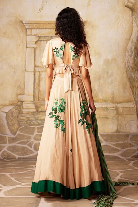 Shop Basil Leaf Beige Chiffon Mirrors, Embroidery, Tassels Tropical Print Ruffle Lehenga Set at Aza Fashions Shop_Basil Leaf_Beige Chiffon Mirrors, Embroidery, Tassels Tropical Print Ruffle Lehenga Set_at_Aza_Fashions