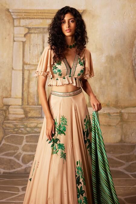 Basil Leaf Beige Chiffon Mirrors, Embroidery, Tassels Tropical Print Ruffle Lehenga Set Online at Aza Fashions Basil Leaf_Beige Chiffon Mirrors, Embroidery, Tassels Tropical Print Ruffle Lehenga Set_Online_at_Aza_Fashions