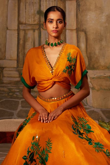 Basil Leaf_Yellow Chiffon Mirrors, Embroidery V-neck Tropical Twisted Bodice Lehenga Set_Online_at_Aza_Fashions