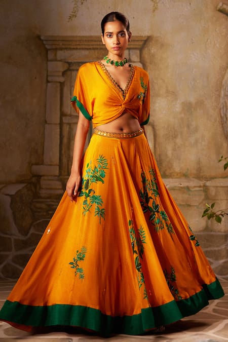Buy_Basil Leaf_Yellow Chiffon Mirrors, Embroidery V-neck Tropical Twisted Bodice Lehenga Set_Online_at_Aza_Fashions