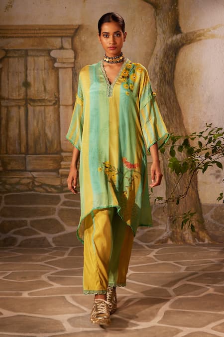 Basil Leaf Floral Bird Print Asymmetrical Kurta With Pant 