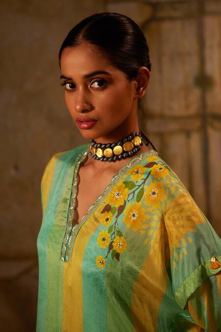 Shop_Basil Leaf_Green Chiffon Embroidery V-neck Floral Bird Print Asymmetrical Kurta With Pant_Online_at_Aza_Fashions