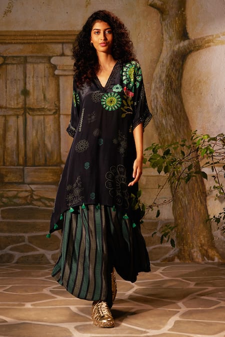 Basil Leaf Black Crepe Print Floral V-neck Asymmetric Kurta With Flared Pant 