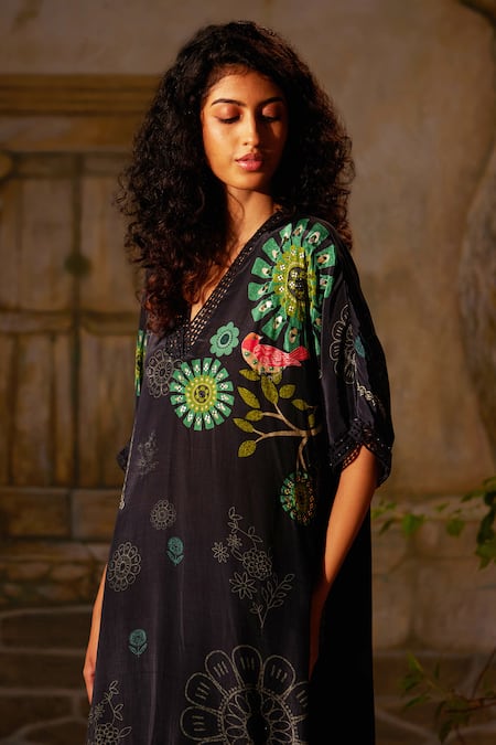 Buy_Basil Leaf_Black Crepe Embroidery, Lace Floral Print Asymmetric Kurta With Flared Pant _Online_at_Aza_Fashions