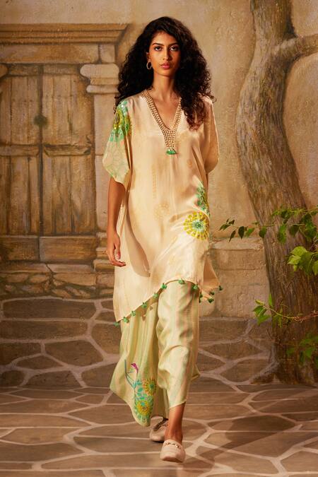 Basil Leaf Off White Crepe Lace, Tassels, Floral Bird Kurta With Asymmetric Pant Online at Aza Fashions Basil Leaf_Off White Crepe Lace, Tassels, Floral Bird Kurta With Asymmetric Pant_Online_at_Aza_Fashions