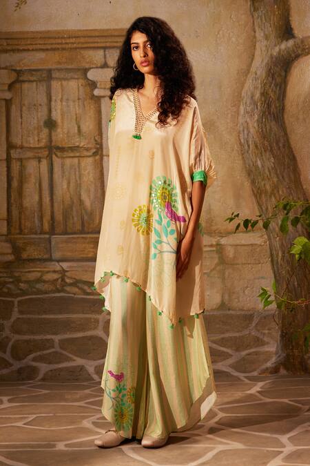 Buy Basil Leaf Off White Crepe Lace, Tassels, Floral Bird Kurta With Asymmetric Pant Online at Aza Fashions Buy_Basil Leaf_Off White Crepe Lace, Tassels, Floral Bird Kurta With Asymmetric Pant_Online_at_Aza_Fashions