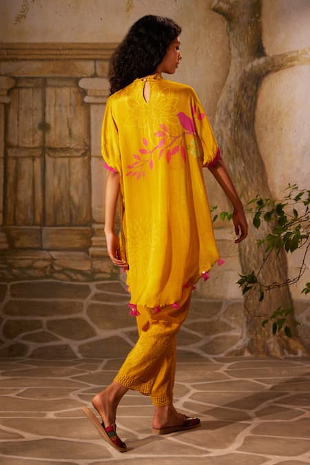 Shop Basil Leaf Yellow Chiffon, Linen, Silk Lace, Floral Bird Embroidered Low Kurta With Pant at Aza Fashions Shop_Basil Leaf_Yellow Chiffon, Linen, Silk Lace, Floral Bird Embroidered Low Kurta With Pant_at_Aza_Fashions
