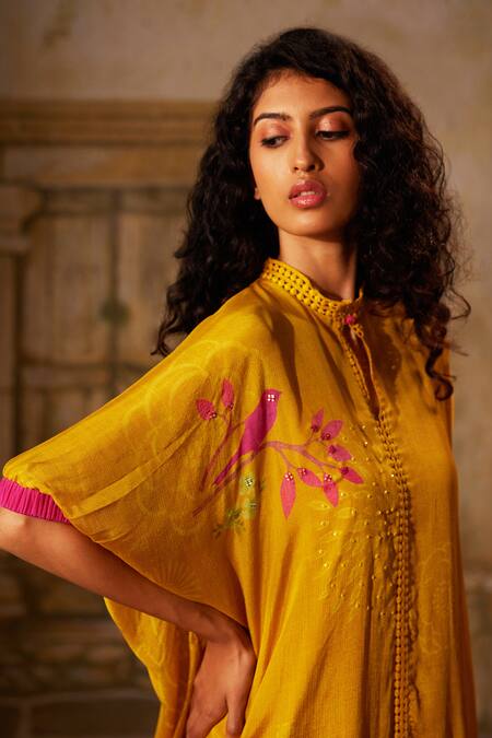 Basil Leaf Yellow Chiffon, Linen, Silk Lace, Floral Bird Embroidered Low Kurta With Pant Online at Aza Fashions Basil Leaf_Yellow Chiffon, Linen, Silk Lace, Floral Bird Embroidered Low Kurta With Pant_Online_at_Aza_Fashions