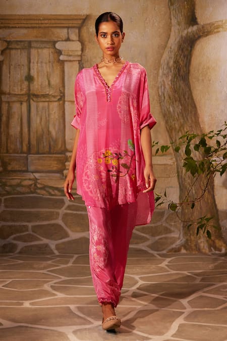 Basil Leaf Pink Crepe Print Floral Bird V-neck High Low Kurta With Pant 