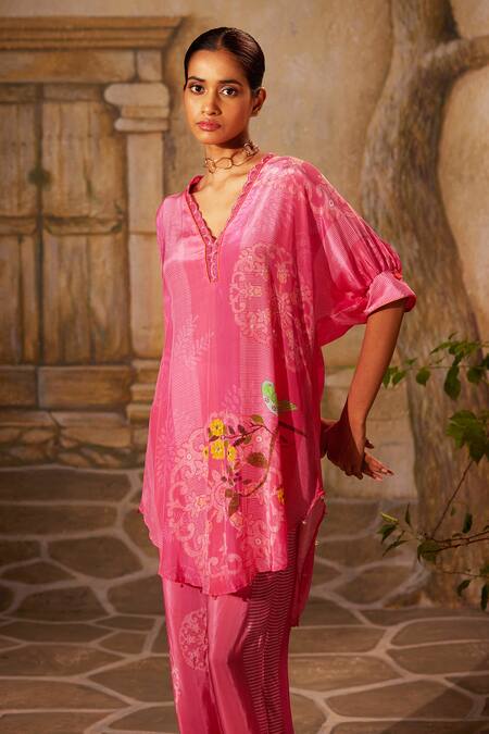 Buy Basil Leaf Pink Crepe Tassels, Embroidery V-neck Floral Bird Print High Low Kurta With Pant Online at Aza Fashions Buy_Basil Leaf_Pink Crepe Tassels, Embroidery V-neck Floral Bird Print High Low Kurta With Pant_Online_at_Aza_Fashions