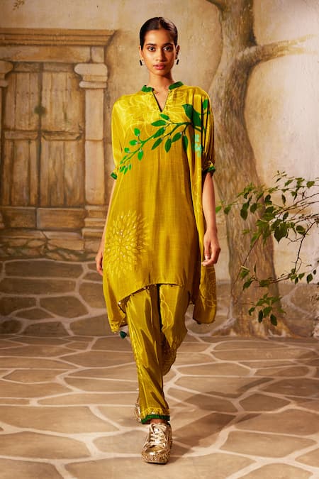 Basil Leaf Floral Bird Print Asymmetric Kurta With Pant 