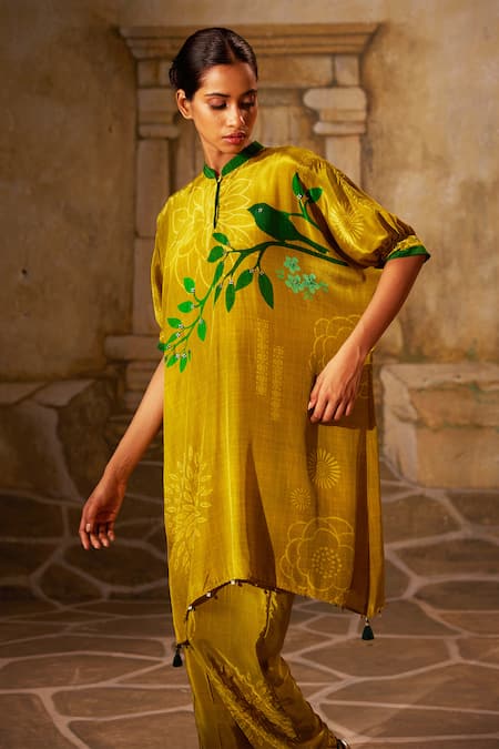 Basil Leaf_Green Crepe Mirrors, Sequins, Floral Bird Print Asymmetric Kurta With Pant_Online_at_Aza_Fashions