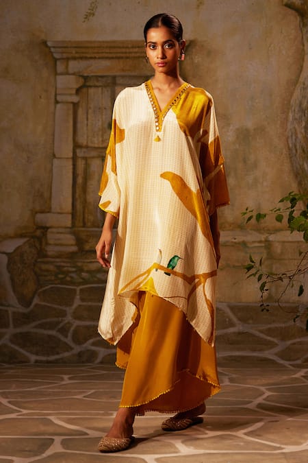 Basil Leaf Yellow Crepe Print Bird V-neck Asymmetric Kurta With Flared Pant 