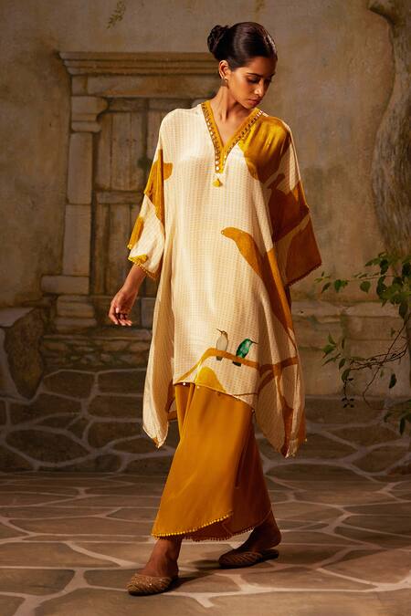 Basil Leaf_Yellow Crepe Embroidery, Sequins, Bird Print Asymmetric Kurta With Flared Pant _Online_at_Aza_Fashions