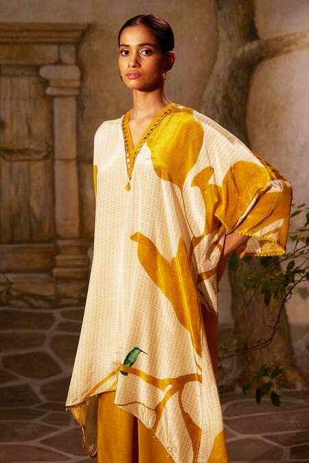 Buy_Basil Leaf_Yellow Crepe Embroidery, Sequins, Bird Print Asymmetric Kurta With Flared Pant _Online_at_Aza_Fashions