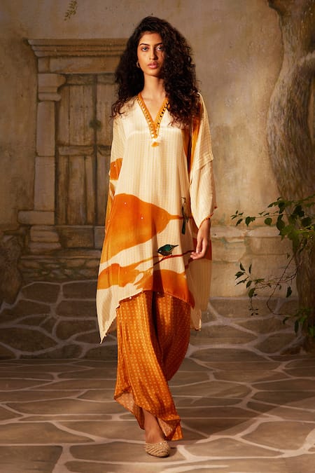 Basil Leaf Bird Print Asymmetric Kurta With Pant 