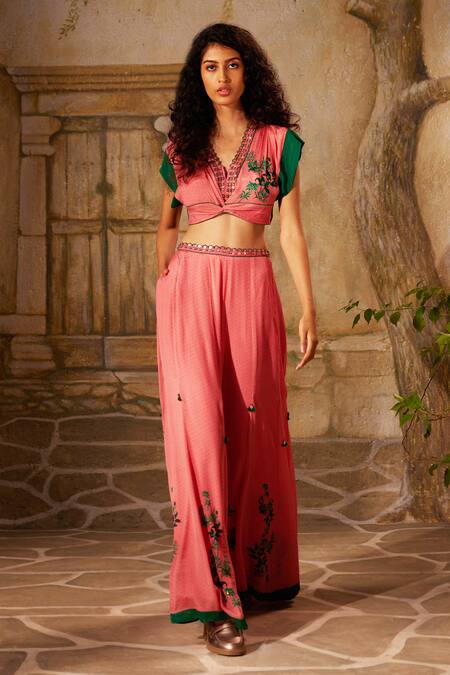 Basil Leaf Pink Chiffon Tassels, Mirrors Tropical Embroidered Twisted Top With Flared Pant Online at Aza Fashions Basil Leaf_Pink Chiffon Tassels, Mirrors Tropical Embroidered Twisted Top With Flared Pant_Online_at_Aza_Fashions