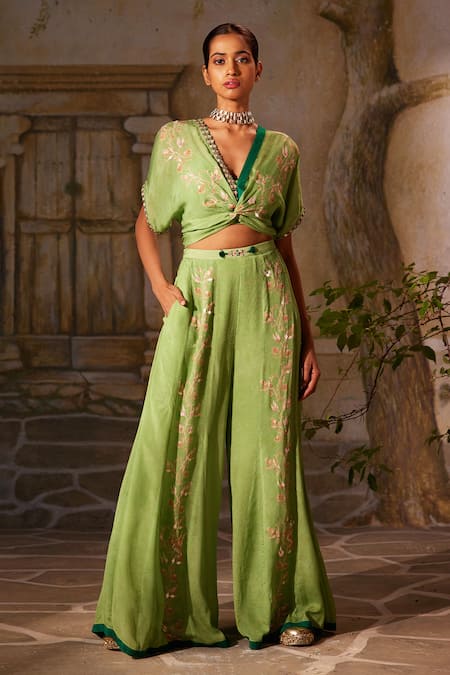 Basil Leaf Green Chinon Chiffon Print Floral Embroidered Twisted Top And Flared Pant Set