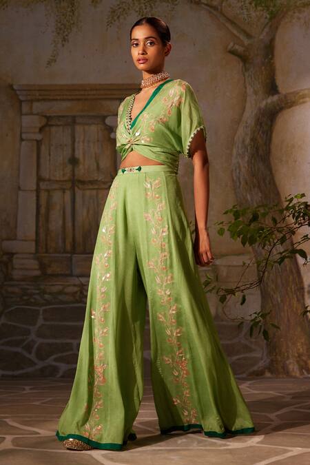 Basil Leaf_Green Chiffon Embroidery, Mirrors, Tassels Floral Twisted Top And Flared Pant Set_Online_at_Aza_Fashions