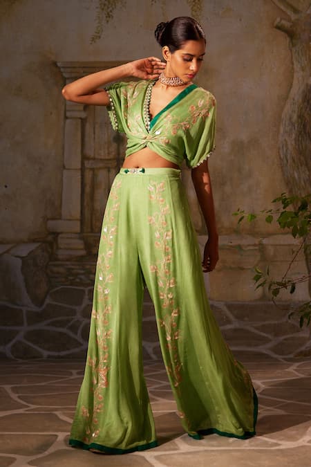 Buy_Basil Leaf_Green Chiffon Embroidery, Mirrors, Tassels Floral Twisted Top And Flared Pant Set_Online_at_Aza_Fashions