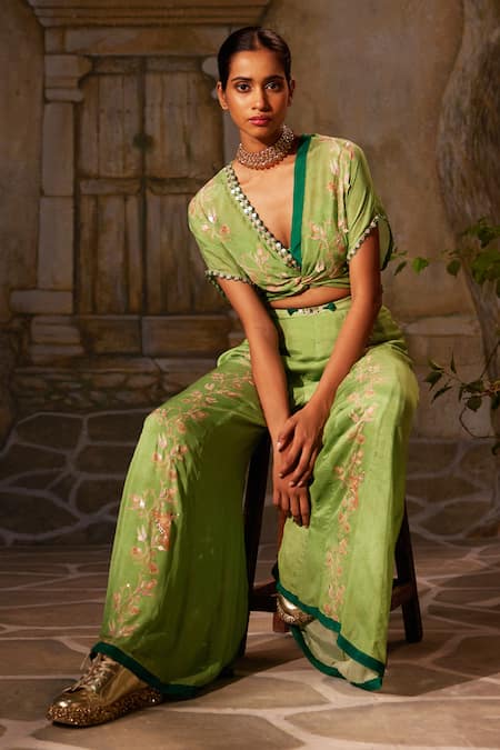 Basil Leaf_Green Chiffon Embroidery, Mirrors, Tassels Floral Twisted Top And Flared Pant Set_at_Aza_Fashions
