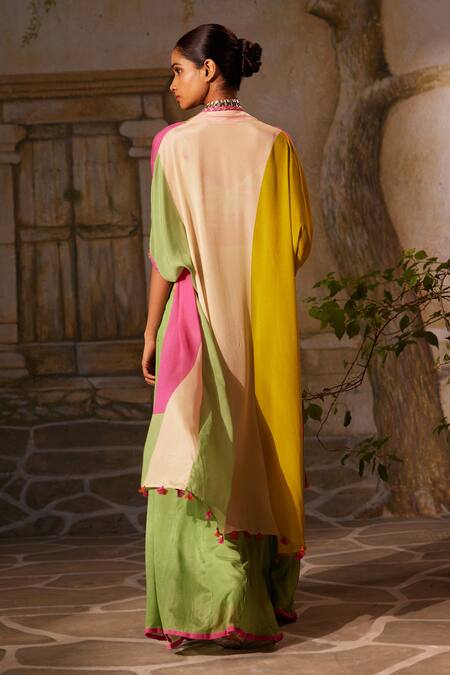 Shop Basil Leaf Green Chiffon Mirrors, Tassels Round Tropical Print Asymmetric Cape And Pant Set at Aza Fashions Shop_Basil Leaf_Green Chiffon Mirrors, Tassels Round Tropical Print Asymmetric Cape And Pant Set_at_Aza_Fashions