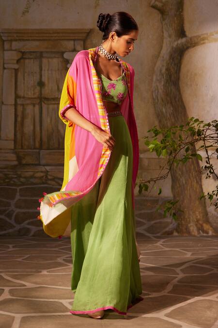 Basil Leaf Green Chiffon Mirrors, Tassels Round Tropical Print Asymmetric Cape And Pant Set Online at Aza Fashions Basil Leaf_Green Chiffon Mirrors, Tassels Round Tropical Print Asymmetric Cape And Pant Set_Online_at_Aza_Fashions