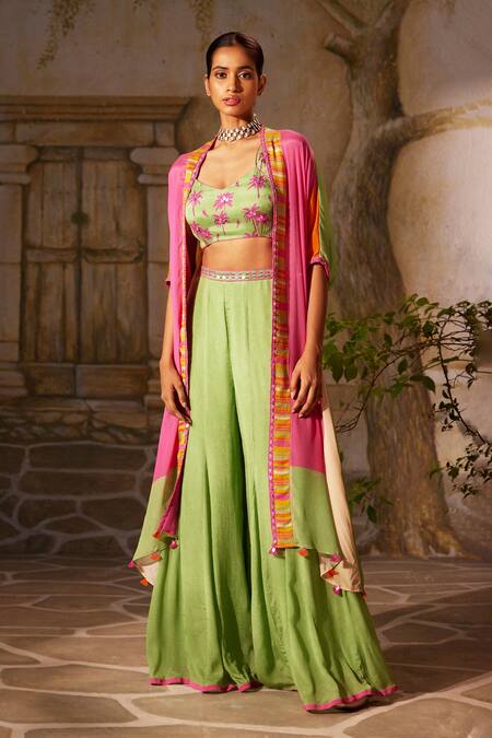 Buy Basil Leaf Green Chiffon Mirrors, Tassels Round Tropical Print Asymmetric Cape And Pant Set Online at Aza Fashions Buy_Basil Leaf_Green Chiffon Mirrors, Tassels Round Tropical Print Asymmetric Cape And Pant Set_Online_at_Aza_Fashions