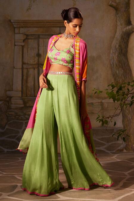 Shop Basil Leaf Green Chiffon Mirrors, Tassels Round Tropical Print Asymmetric Cape And Pant Set Online at Aza Fashions Shop_Basil Leaf_Green Chiffon Mirrors, Tassels Round Tropical Print Asymmetric Cape And Pant Set_Online_at_Aza_Fashions