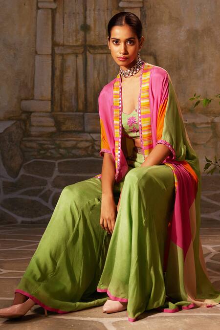 Basil Leaf Green Chiffon Mirrors, Tassels Round Tropical Print Asymmetric Cape And Pant Set at Aza Fashions Basil Leaf_Green Chiffon Mirrors, Tassels Round Tropical Print Asymmetric Cape And Pant Set_at_Aza_Fashions