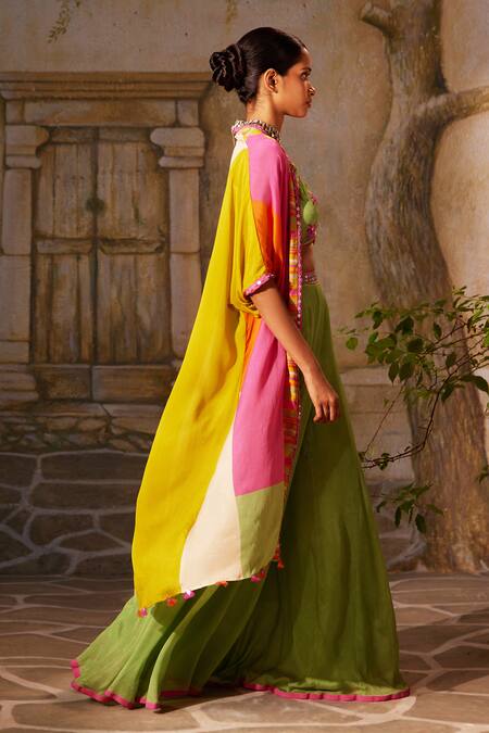 Buy Basil Leaf Green Chiffon Mirrors, Tassels Round Tropical Print Asymmetric Cape And Pant Set Buy_Basil Leaf_Green Chiffon Mirrors, Tassels Round Tropical Print Asymmetric Cape And Pant Set