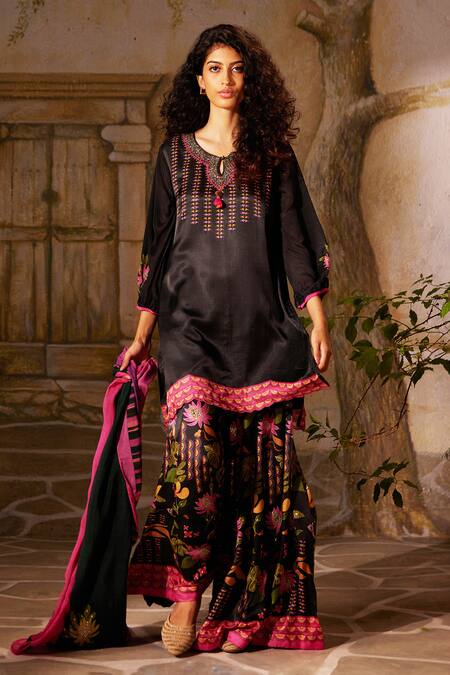Basil Leaf_Black Bamboo, Satin Sequins, Tassels, Floral Print Straight Kurta And Sharara Set_Online_at_Aza_Fashions