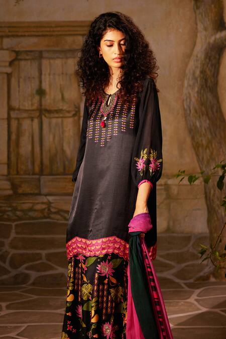 Buy_Basil Leaf_Black Bamboo, Satin Sequins, Tassels, Floral Print Straight Kurta And Sharara Set_Online_at_Aza_Fashions
