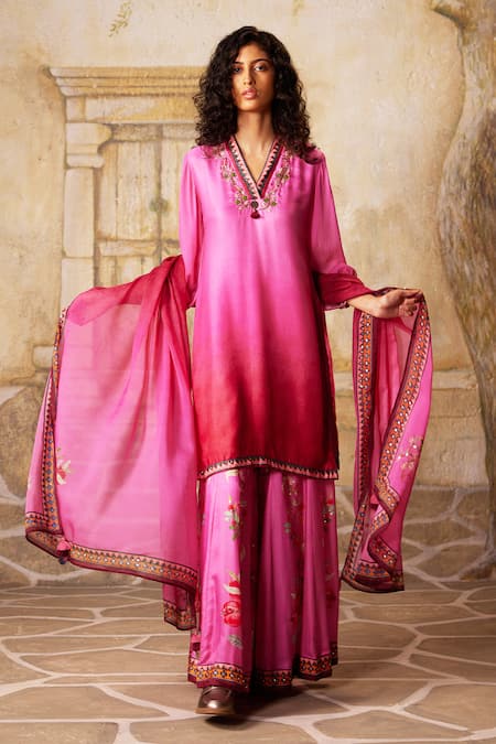 Basil Leaf Pomegranate Embroidered Straight Kurta & Sharara Set 