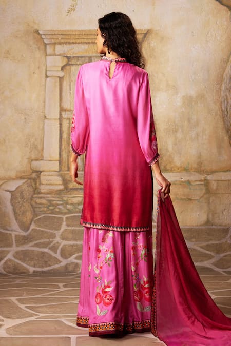 Shop Basil Leaf Pink Satin, Gabardine, Pomegranate Embroidered Straight Kurta And Sharara Set at Aza Fashions Shop_Basil Leaf_Pink Satin, Gabardine, Pomegranate Embroidered Straight Kurta And Sharara Set_at_Aza_Fashions
