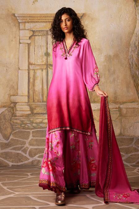 Basil Leaf Pink Satin, Gabardine, Pomegranate Embroidered Straight Kurta And Sharara Set Online at Aza Fashions Basil Leaf_Pink Satin, Gabardine, Pomegranate Embroidered Straight Kurta And Sharara Set_Online_at_Aza_Fashions