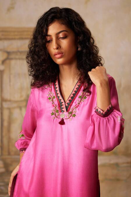 Buy Basil Leaf Pink Satin, Gabardine, Pomegranate Embroidered Straight Kurta And Sharara Set Online at Aza Fashions Buy_Basil Leaf_Pink Satin, Gabardine, Pomegranate Embroidered Straight Kurta And Sharara Set_Online_at_Aza_Fashions