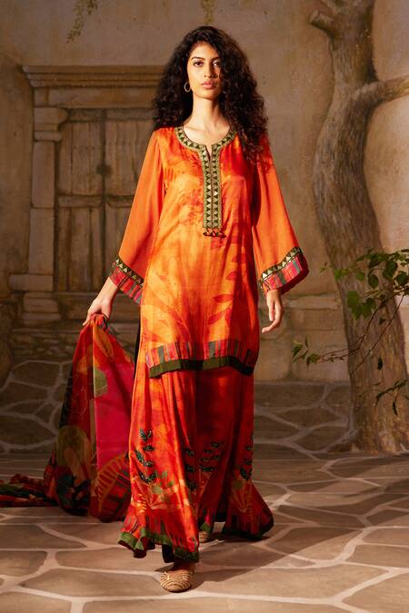 Basil Leaf_Red Gabardine, Gingham Lace, Leaf Embroidered Straight Kurta And Sharara Set_Online_at_Aza_Fashions