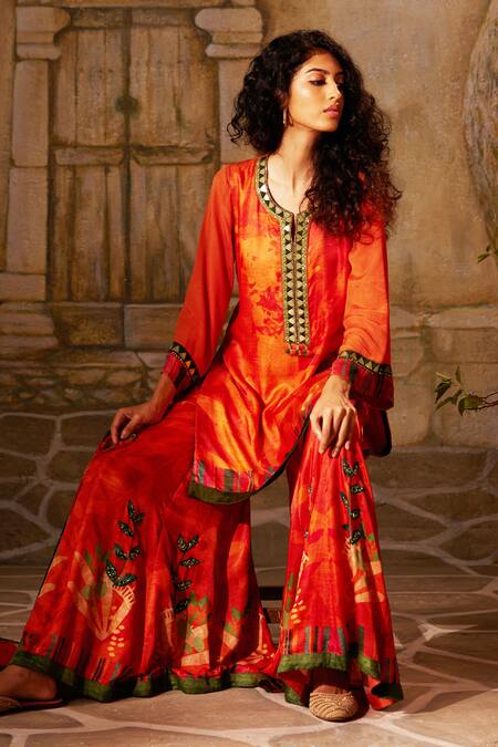 Buy_Basil Leaf_Red Gabardine, Gingham Lace, Leaf Embroidered Straight Kurta And Sharara Set_Online_at_Aza_Fashions
