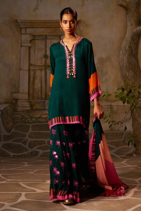 Basil Leaf Tropical Print Straight Kurta & Sharara Set 